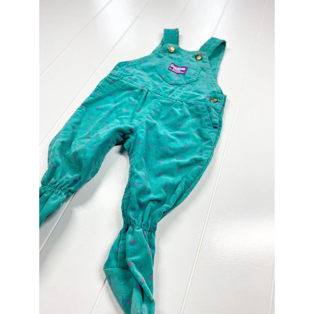 Vintage Oshkosh BGosh Teal Floral Corduroy Footie Overalls,‎ Size 6-9 Months